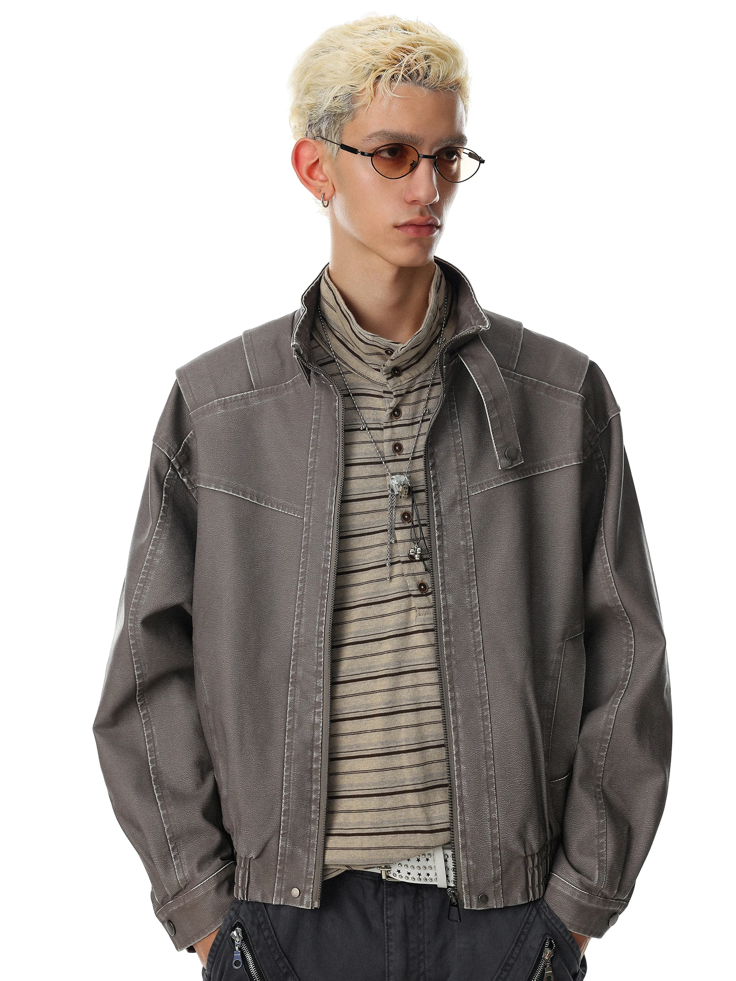 American Retro Deconstructed Stand Collar Jacket Men's Short Bomber Pilot Outerwear Loose Fit No Ironing Processing