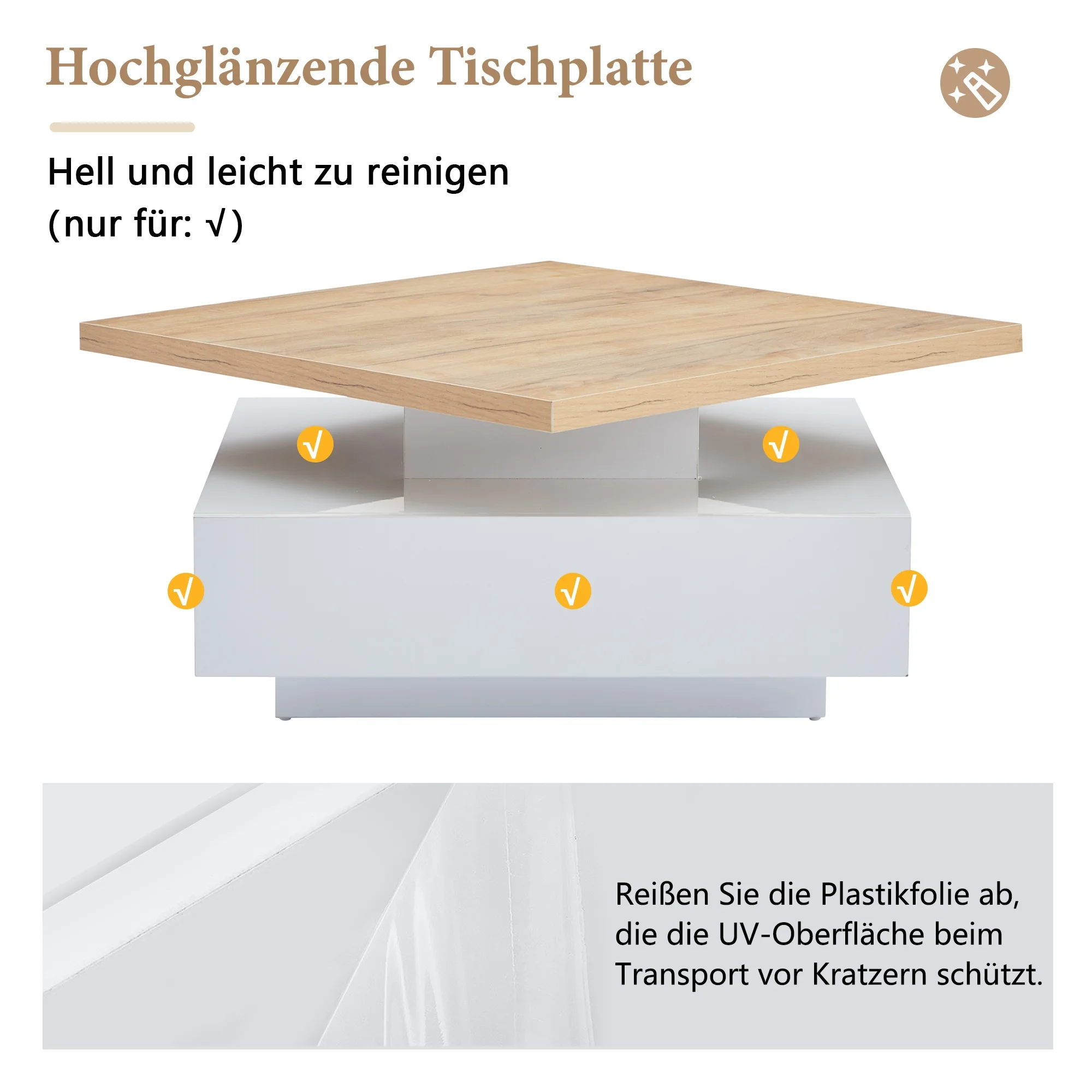 Weißer Hochglanz Kaffee-Schwenktisch mit 360°-Drehung, 2-stufig & Schublade, Nussbaum-Rahmen – Wohnzimmer-Beistelltisch – Detail 2