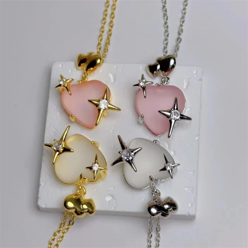 Fashion European and American Cold Wind Opal Peach Heart Necklace Classic Personality Clavicle Chain Temperament Pendant