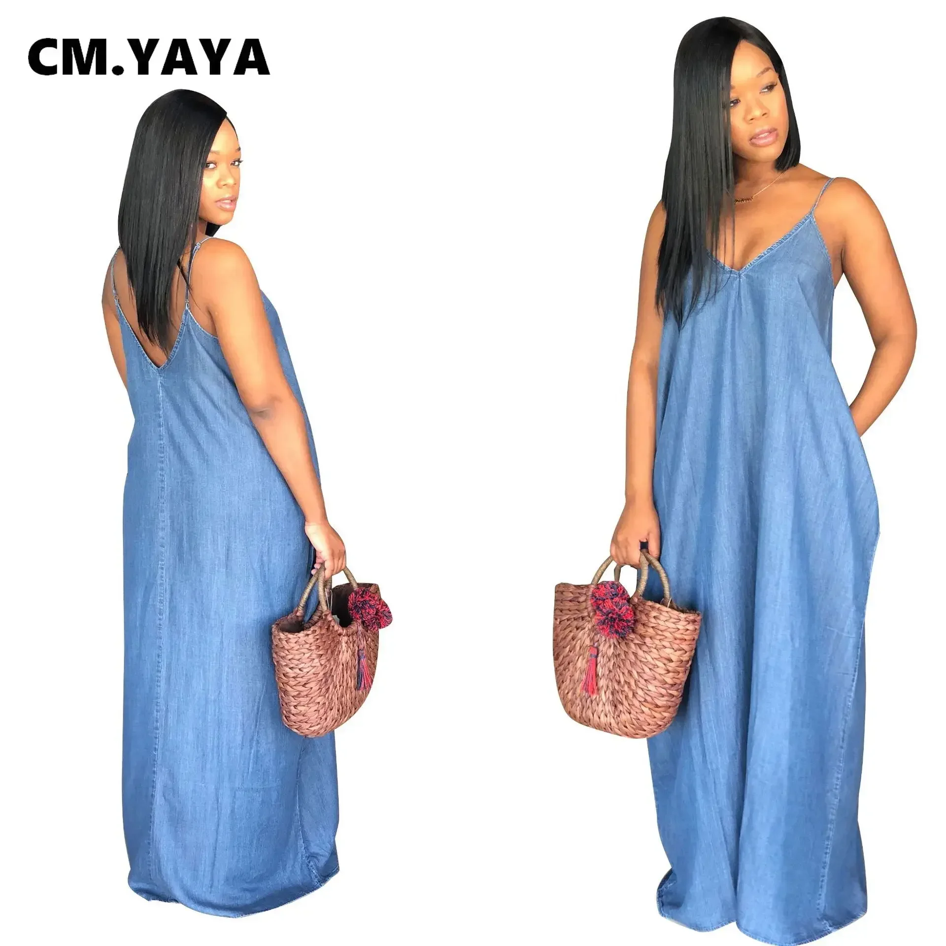 

CMYAYA Women Summer S-3XL Denim Sexy Maxi Dress Party Club Outside Loose Long Strap Sleeveless Dresses Outfits