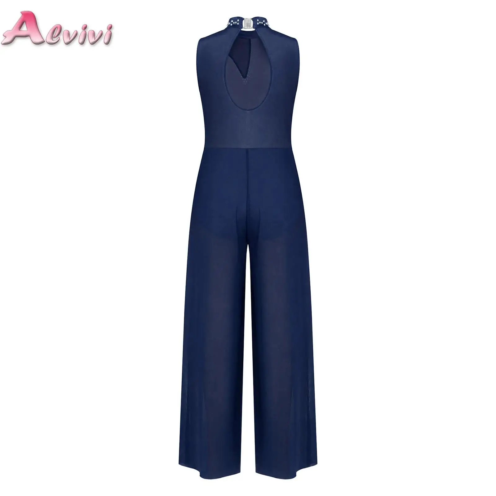 Kids Girls Lyrical Ballet Modern Dance Jumpsuit Sleeveless Shiny Rhinestone Mesh Built-in Briefs Bodysuit for Stage Performance