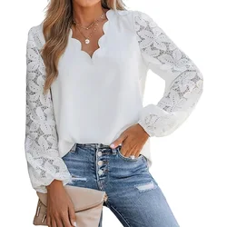 Sexy Jacquard Flower Lace Blouse Women Elegant V Neck Patchwork Office Shirt Spring Summer Hollow Sleeve Street Top Pullover