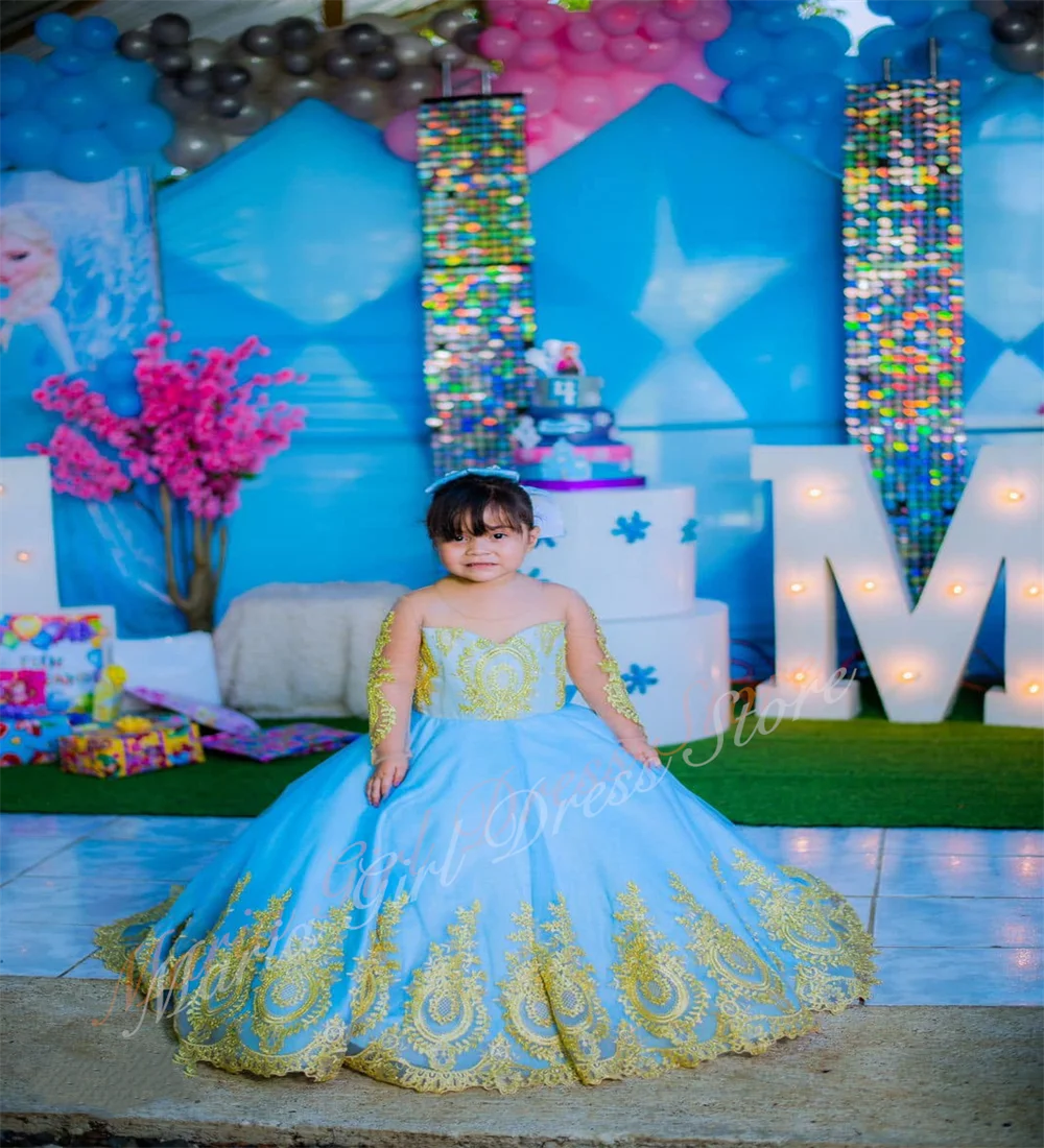 High-Quality Mesh Gold Lace Puffy Flower Girl Dress Wedding Long Sleeve with Bow and Train Design Children's Party Dress