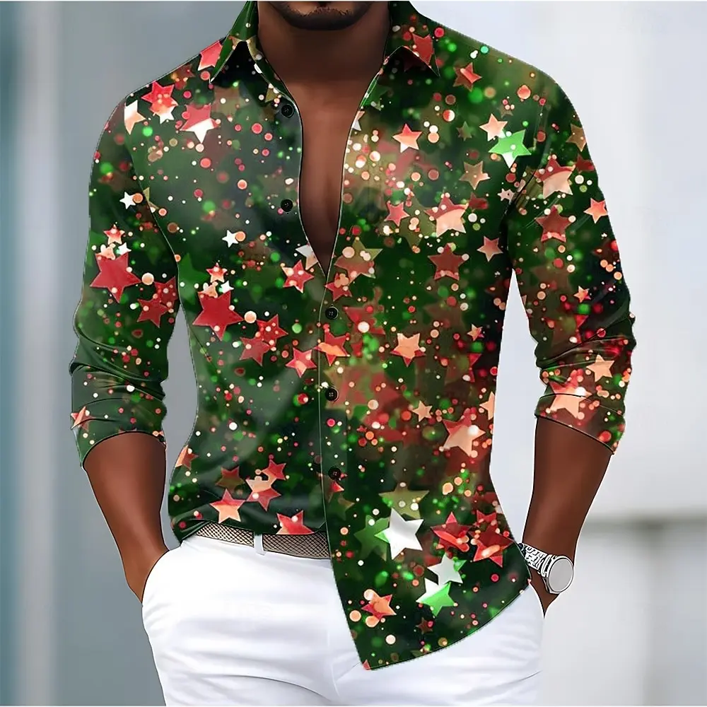 Men Button‑up Long Sleeve Shirt Shiny Star Spot Pattern Turn‑down Collar Glossy Fabric Celebration Event Outfit