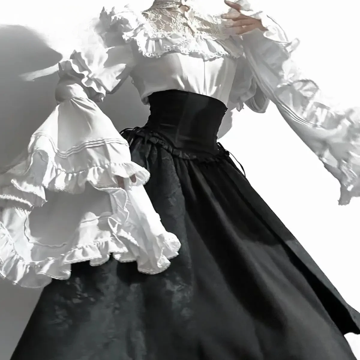 قميص قوطي Y2k توب لوليتا بنات مظلة كشكش تنورة عالية الخصر المتضخم تنورة طويلة القرن كم طويل طالب بلوزة أنيقة