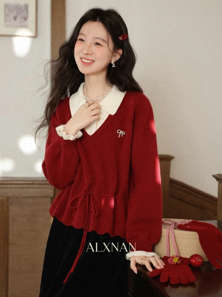 

ALXNAN красный рождественский свитер из двух предметов, осенне-зимний женский пуловер на талии с завязками, теплый вязаный топ с длинными рукавами L59751