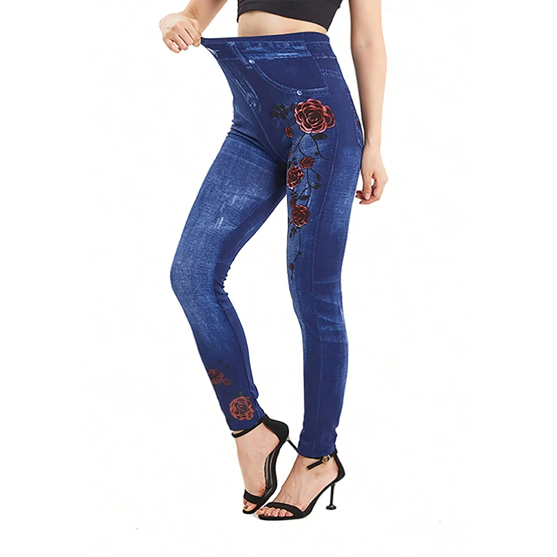 PD445 Double Sided Rose European and American Casual Fashion Hot Selling Fake Pocket Shaping Denim Leggings Seamless Pants