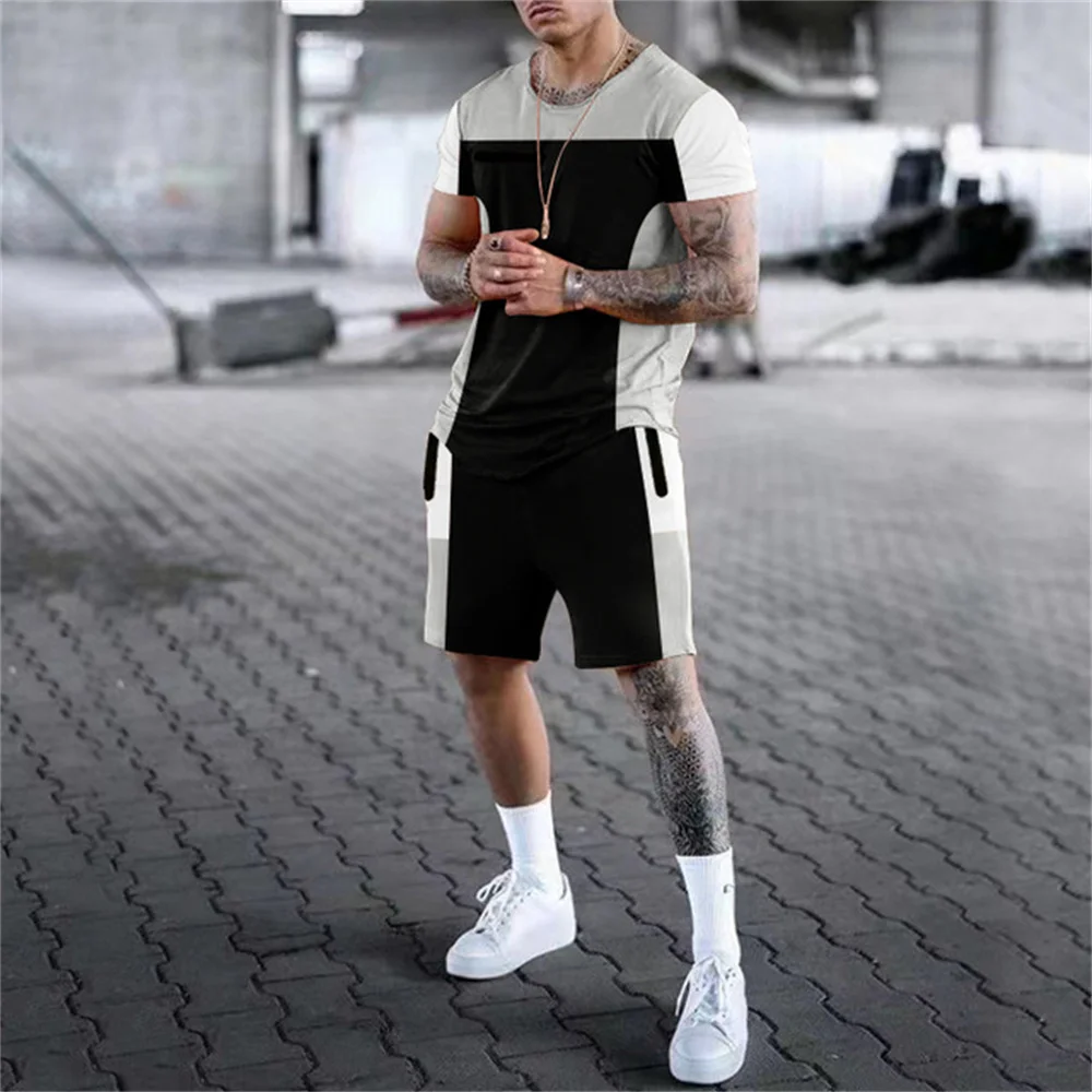 Summer T shirt Set For Men Striped 3D Print Men\'s T-shirt Short Sleeve+Shorts 2-Piece Set Oversized Casual Beach Sport Man Suit