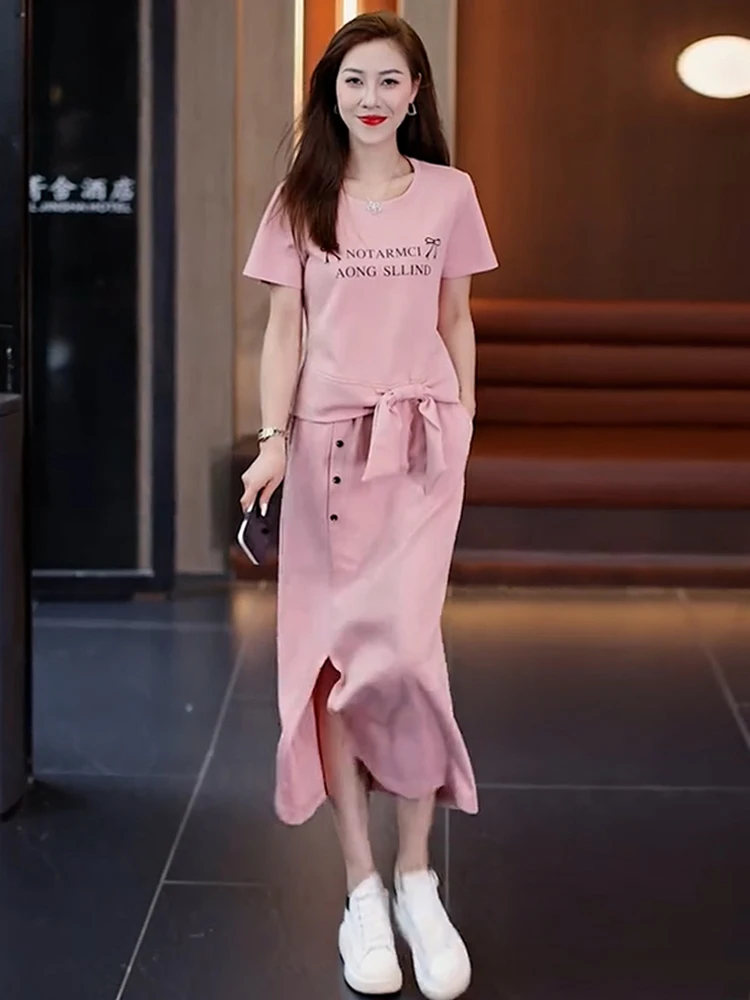 Faionable Sportswear Set Women's ort Sve Split  Skirt Two Piece Suite Casual Comfortable Breathable Cotton round Ne