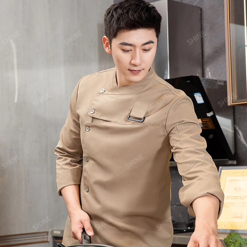 Men Chef uniform Restaurant Hotel chef jacket with apron Long Sleeve Cook Coat Chef T-shirt Work  Uniform Waiter Clothes Logo