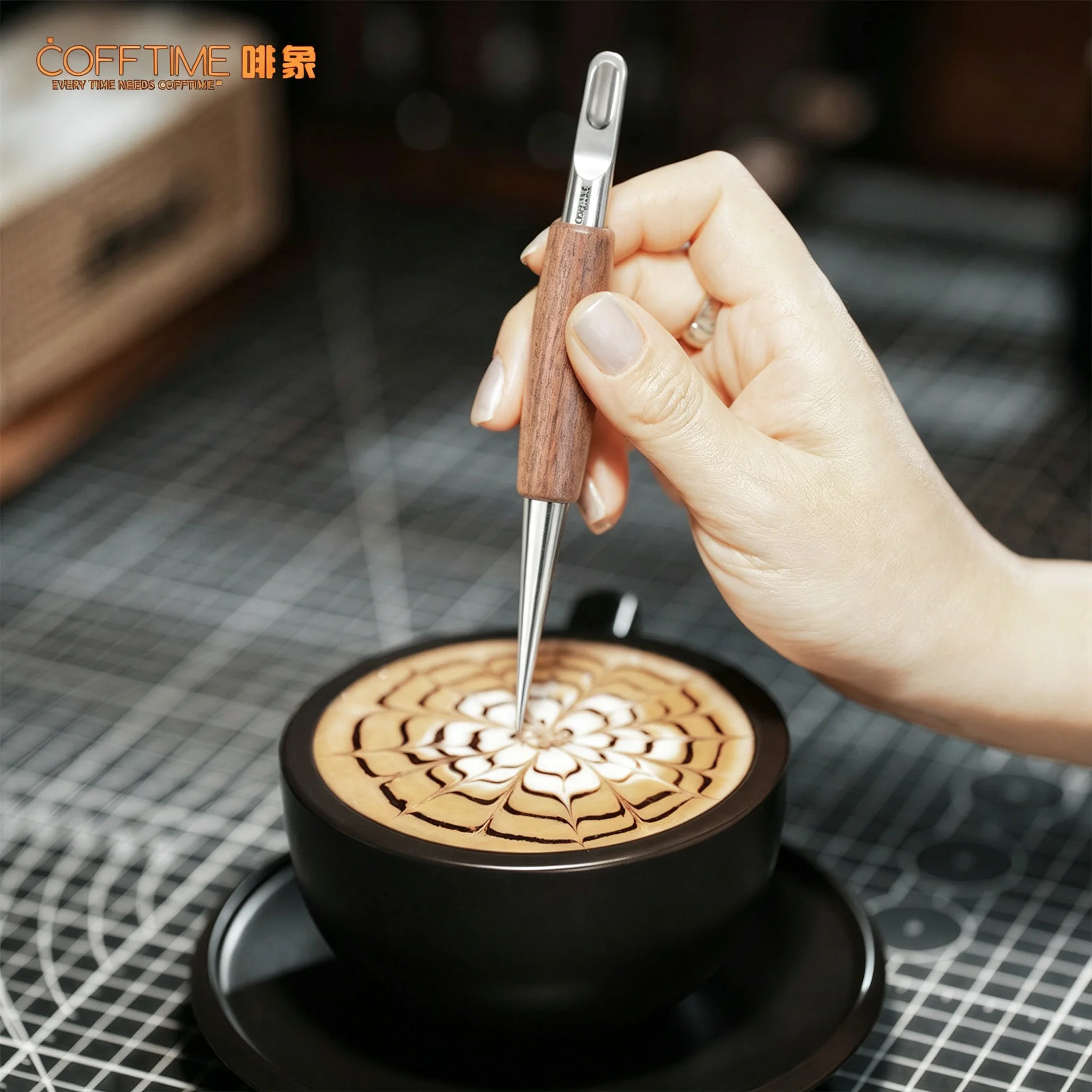 Stainless Steel Latte Art Pen with Wooden Handle Coffee Milk Foam Decorator Tool Barista Cappuccino Drawing Needle Coffee Tool