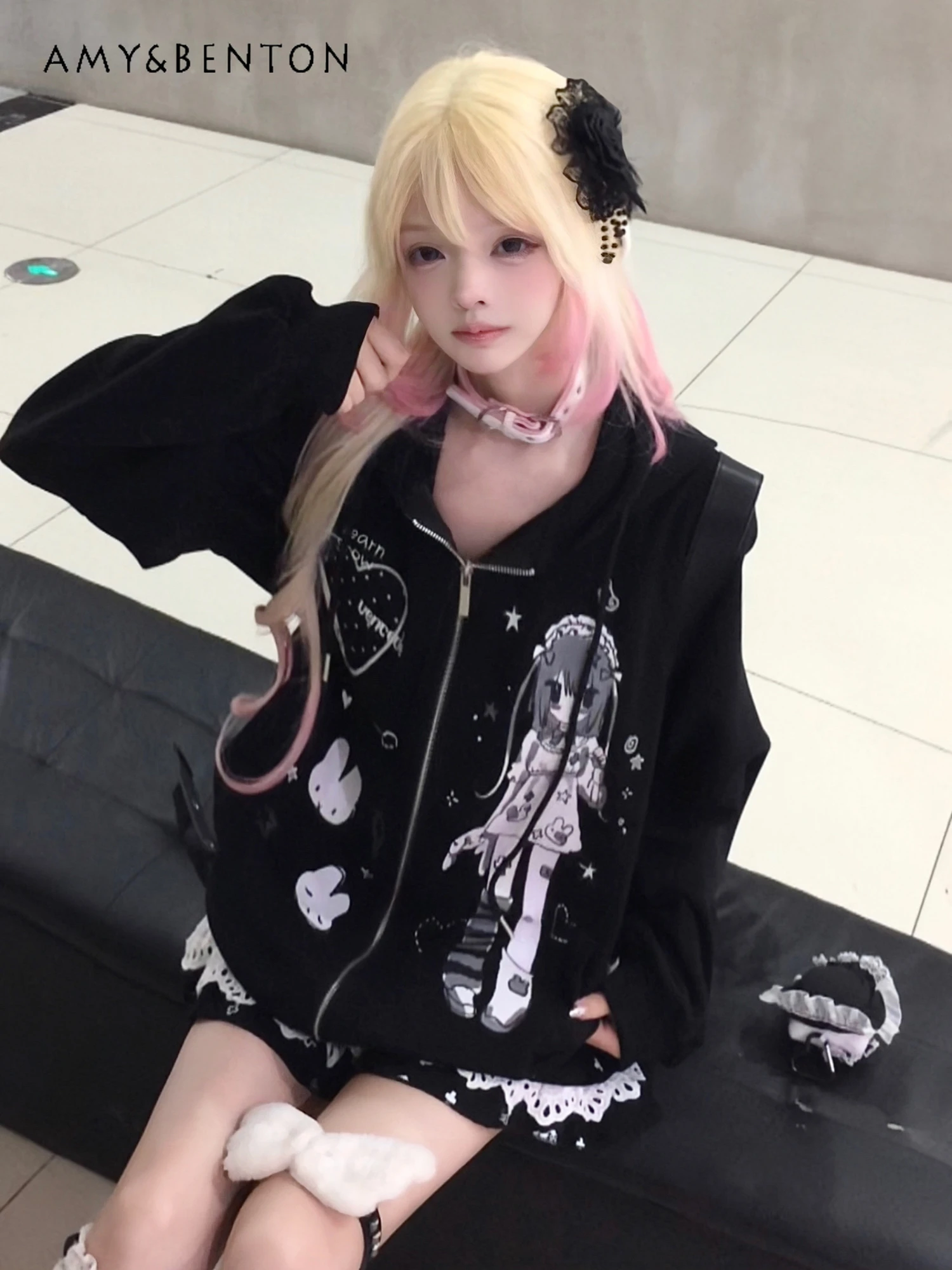 اليابانية لطيف أنيمي الكرتون طباعة مقنعين المرقعة اللون الستر للنساء كلية نمط الحلو بارد تنوعا معطف غير رسمي فضفاض #2