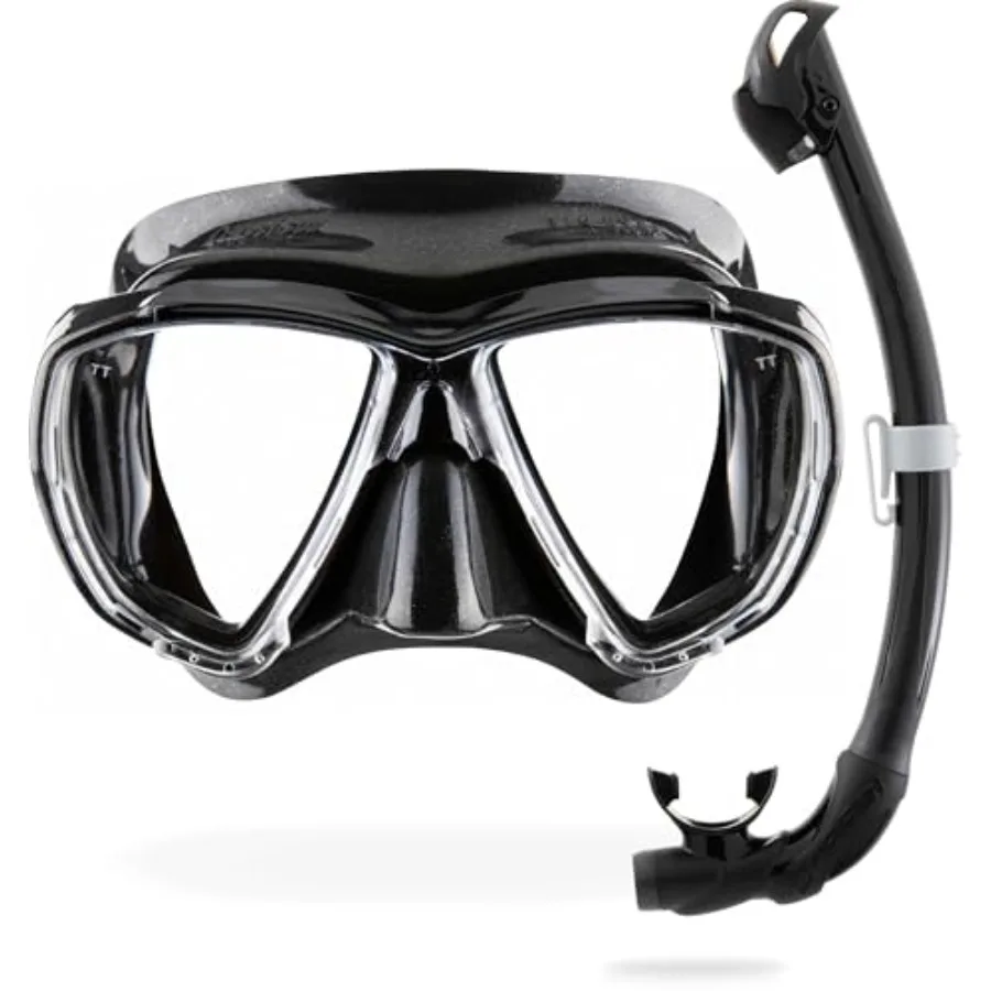

Snorkeling and freediving mask and snorkel kit: silicone, black, wide field of view with dry-top snorkel and big-eye lens for s