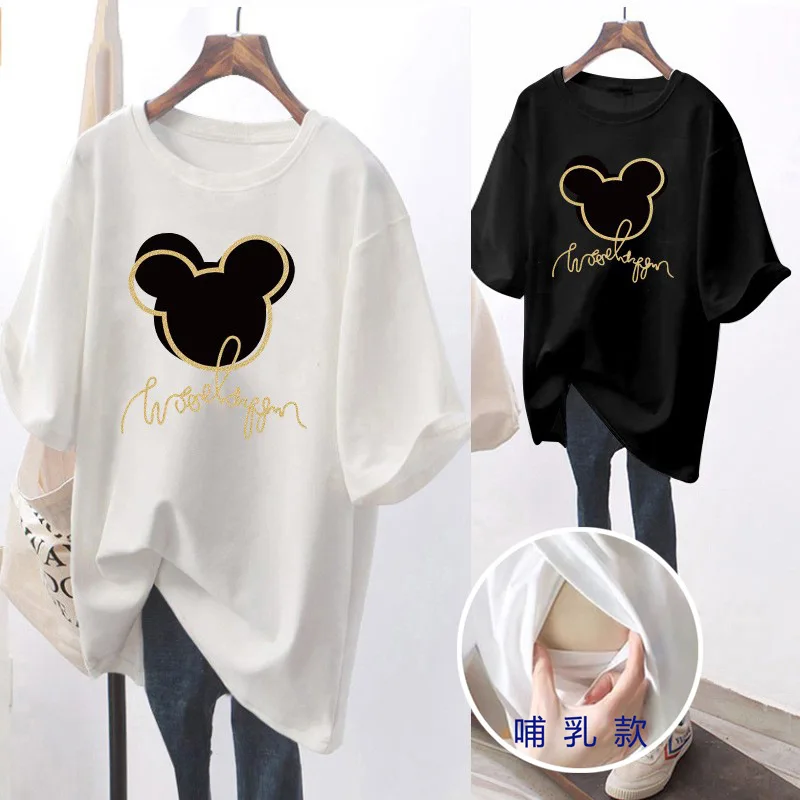 Short Sleeve O-Neck Maternity Cotton Nursing Tees Summer Printing Lactation Tops Postpartum Woman Breastfeeding T-Shirt