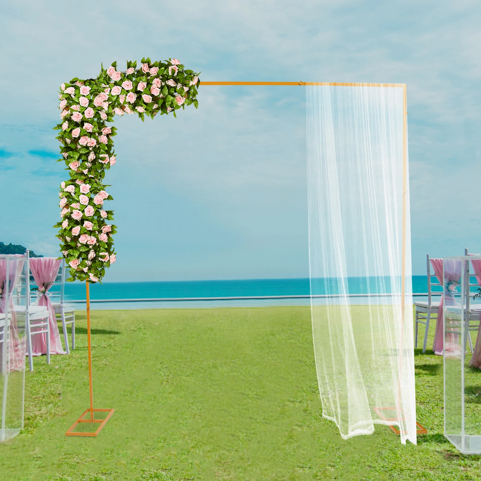 

Подставка для свадебной арки 2,4x2,4 м, железная рамка для декора вечеринки, золотистая/белая прочная нержавеющая квадратная конструкция с подставками