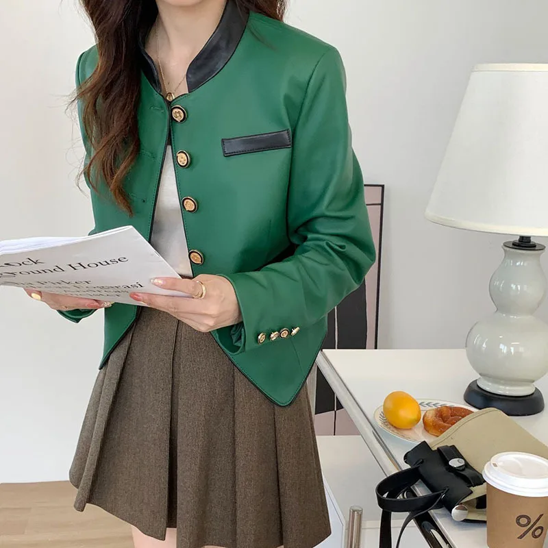 2023 Sheep Leather Jacket Women's Spring Fashion Short Irregular hem Slim Outerwear Stand Collar Gold Button Motorcycle Leather