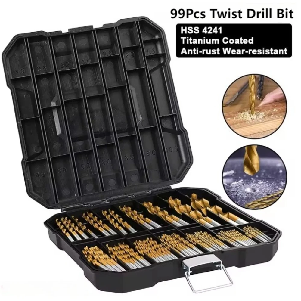 

99Pcs Titanium Drill Bit Set High-Speed Steel Drill Bits for Steel Plate Wood Plastic Metal Copper Alloy Woodworking Hole Opener