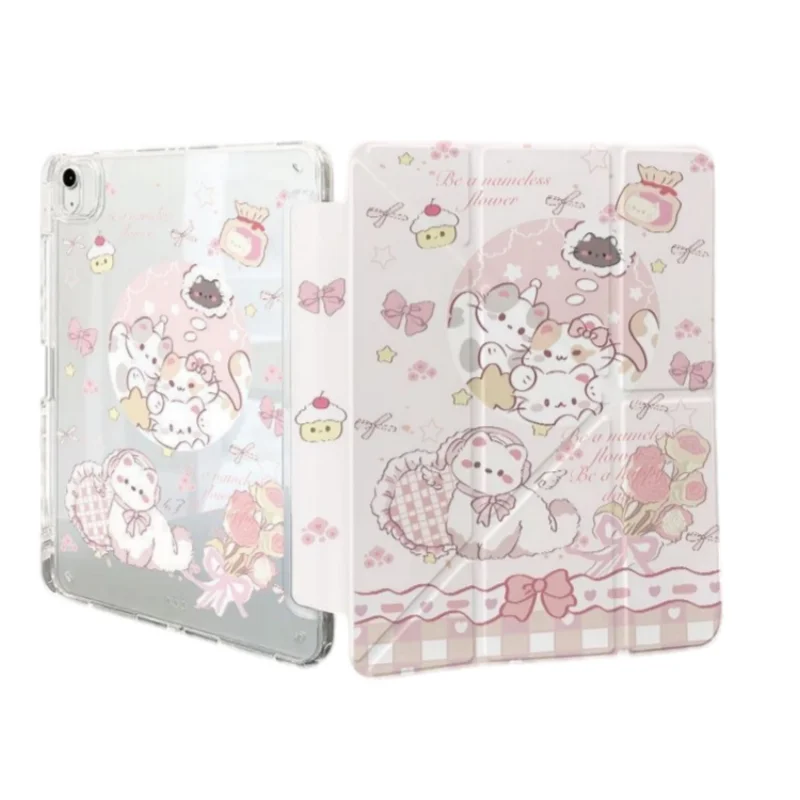 Cartoon Kitten Bow Print Pen Slot Tablet Case For iPad 2026 Air 8 7 6 4 3 2 1 Pro 2024 11in 12th 11 10 9 8 7 6 5th Cover