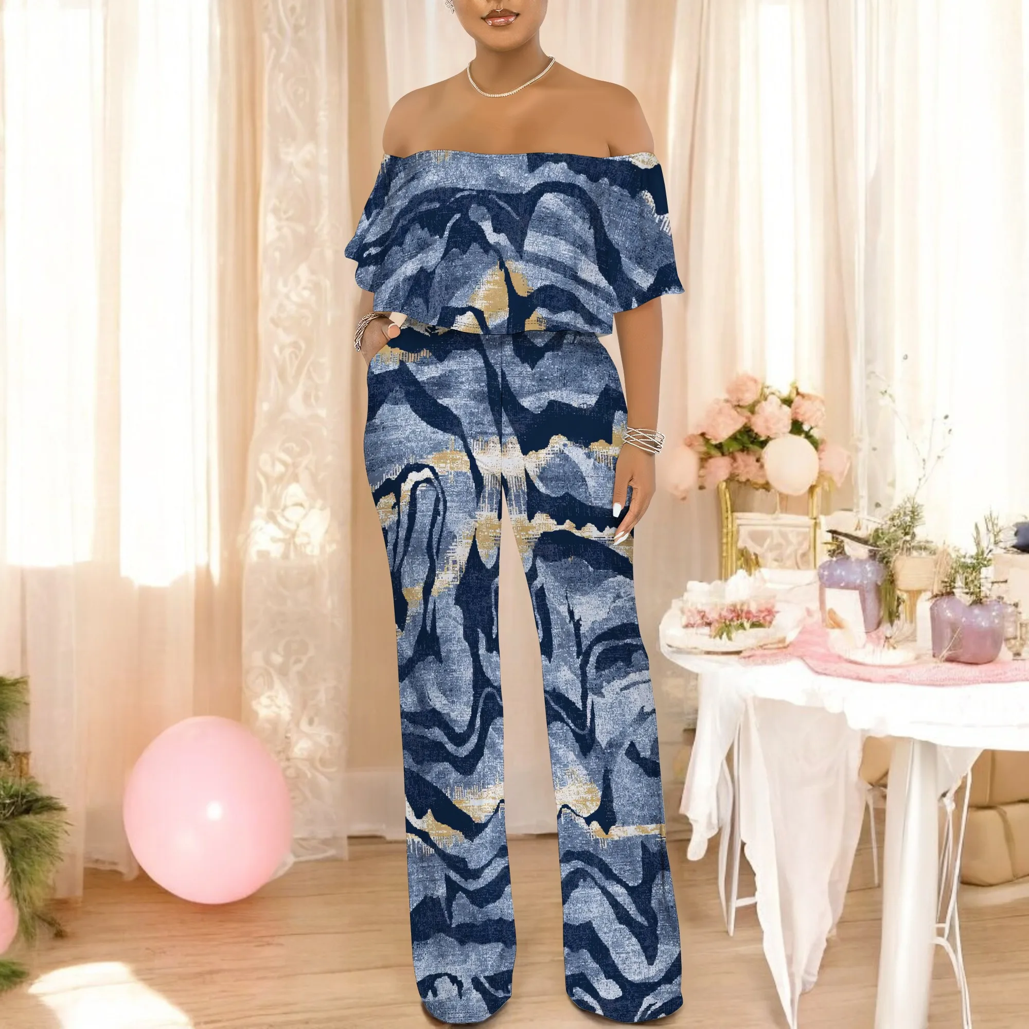 

Women's Green Leaf Jumpsuit with Pockets 100% Polyester Loose Vacation Spring Modern Design