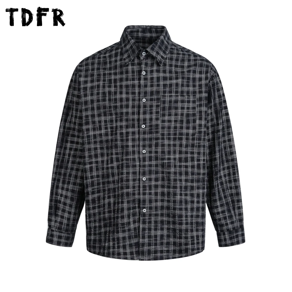 

Plaid Long Sleeve Shirts Mens Pocket Spring Casual Retro Loose Lapel Single Breasted Cotton Checked Shirt Man