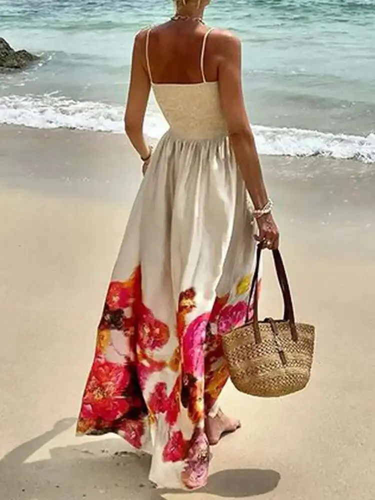 فستان حفلات أنيق بدون أكمام مطبوع عليه حزام سباغيتي للسيدات لصيف 2025، فستان ماكسي بسيط جديد بدون ظهر