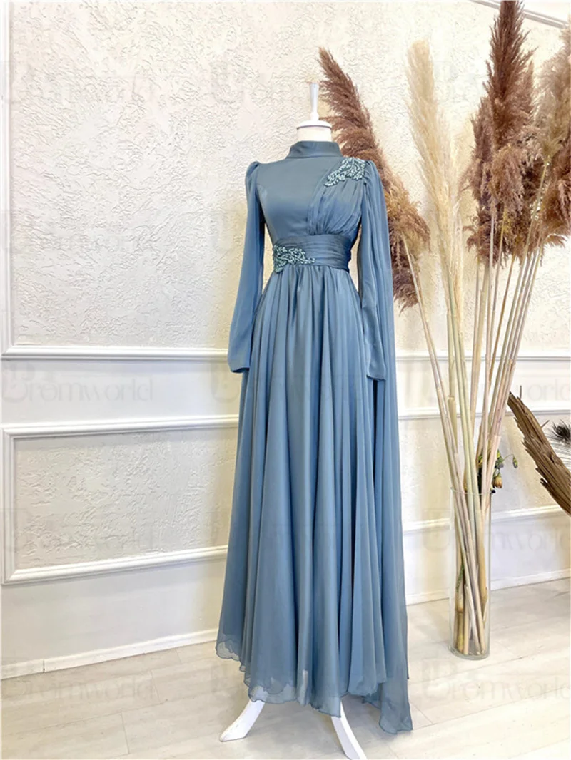 Elegant Muslim Prom Dresses for Women Party Wedding Evening Gowns Chiffon Beaded Long Sleeves Formal Dress Arabic Dubai