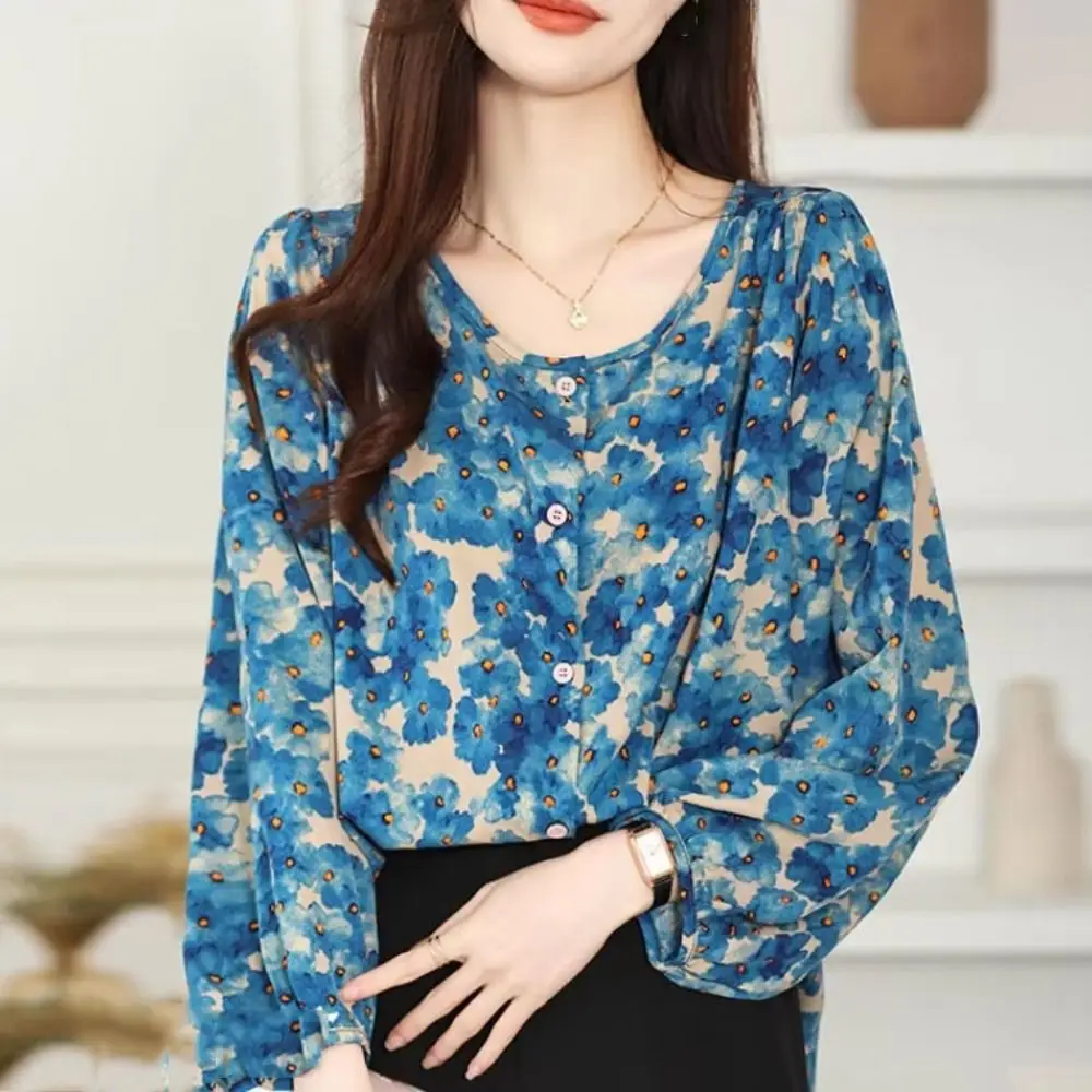 Sweet Round Neck Sweet Flower Shirts Loose Long Sleeve Chiffon Floral Shirt Tops Breathable Thin Women's Chiffon Blouse Girl