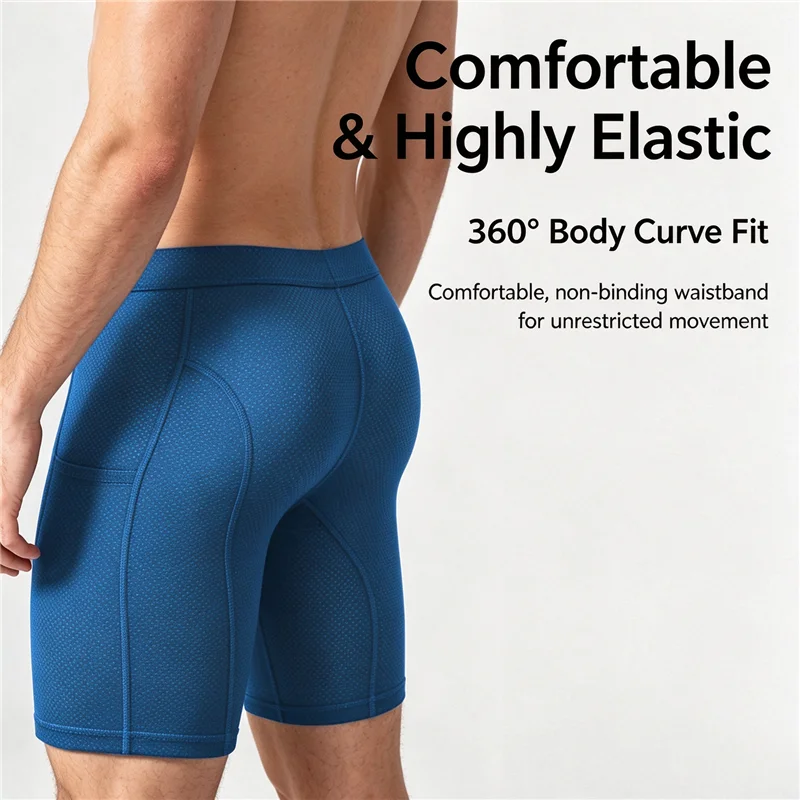 Mens Sport Long Boxer Briefs Ice Silk Mesh Breathable Summer Anti Chafing Underwear Side Pockets