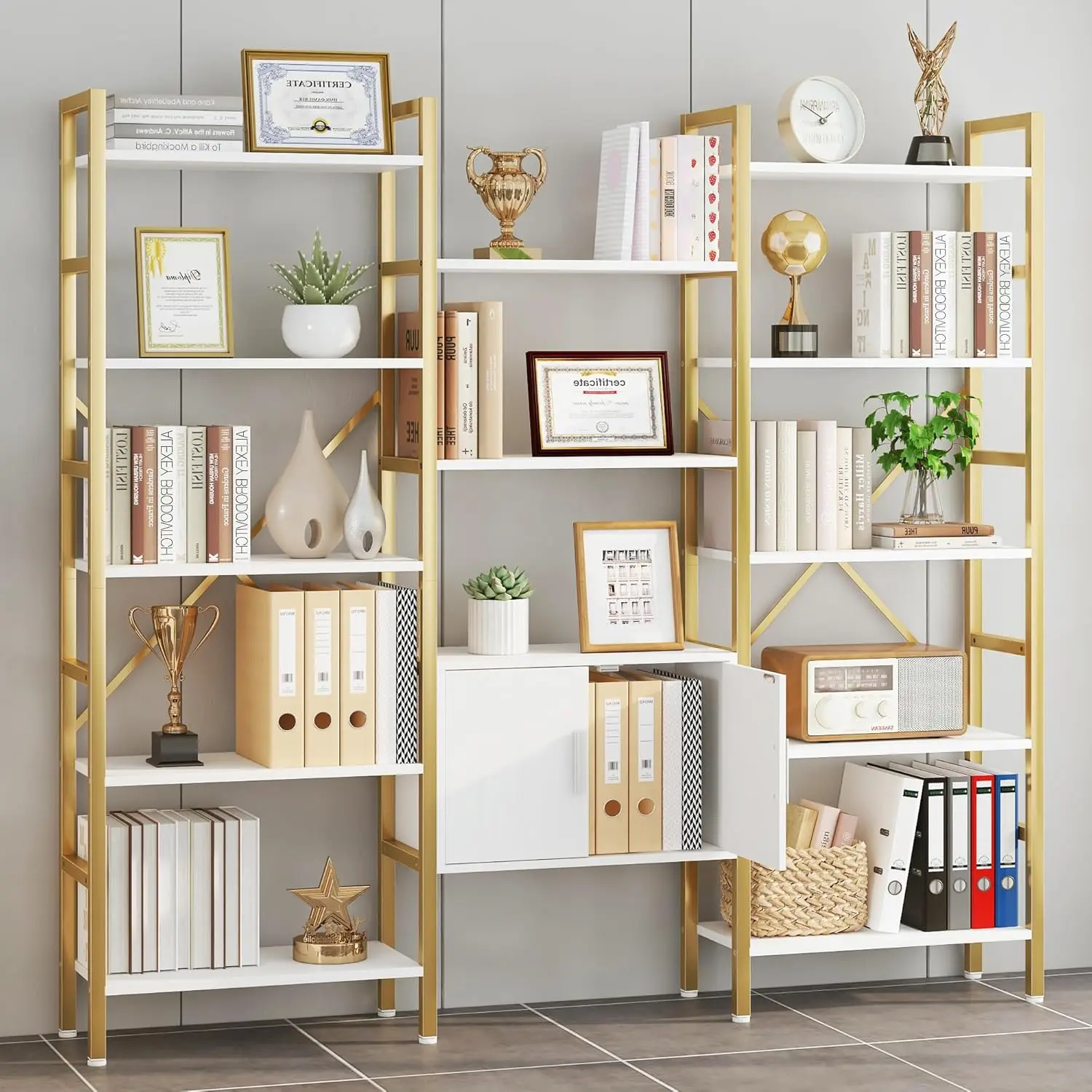 Triple Wide 5 Tier Bookcases with Storage Cabinet, Industrial Large Modern Tall Bookshelves with 12 Open Displa