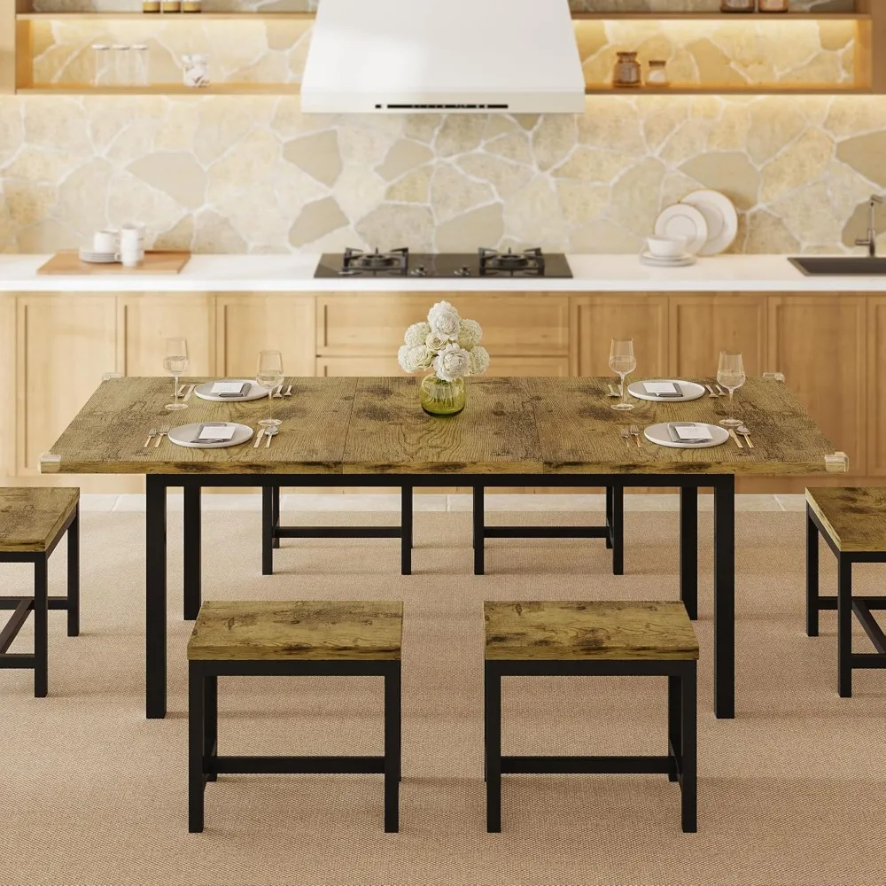 طقم طعام حديث مكون من 7 قطع من منتصف القرن مع 63 طاولة قابلة للتمديد و6 مقاعد وإطار معدني وبناء MDF #3