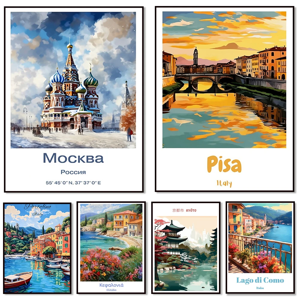 Portofino, Kefalonia, Koh Samui, Moscow, Iceland, Uruguay, Pisa, Florence, Vietnam terraces, Lake Como, Cartagena travel poster