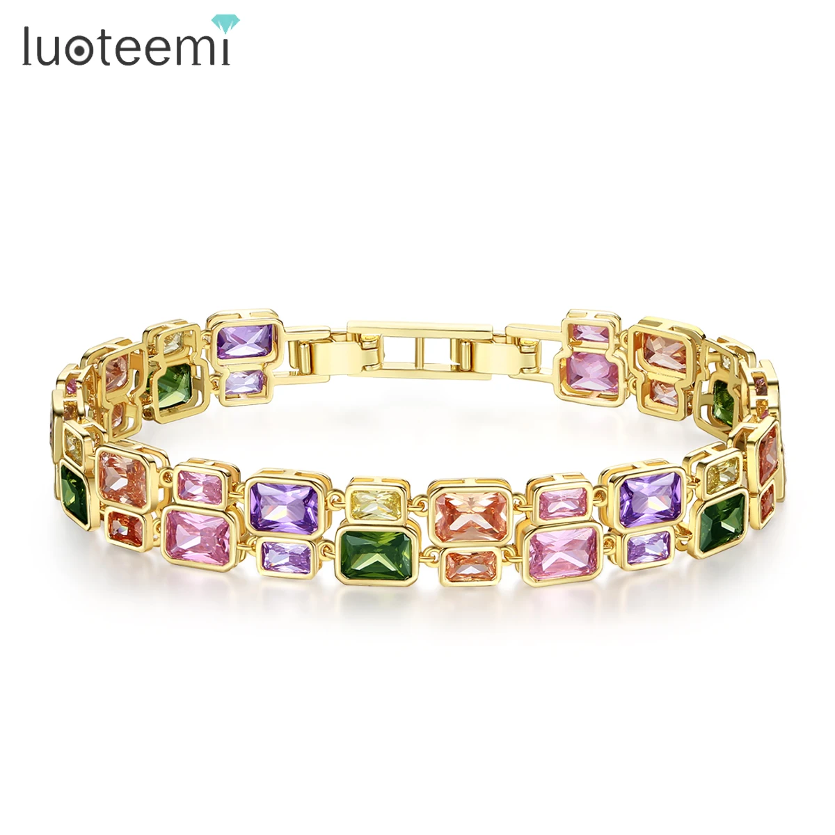 LUOTEEMI Multicolor CZ Bracelet Trendy Colorful Square Stone Decoration Stunning Jewelry for Women Girl Fashion Daily Party Gift
