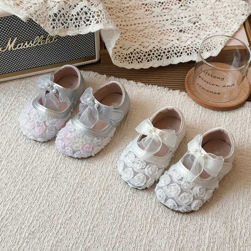 2026 New Girls Flat Shoes Floral Lace Sweet Children Mary Jane Shoes Breathable School Causal Kids Fashion Dress Princess Shoes