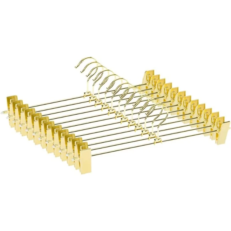 

Metal Heavy Duty Pants Skirt Slack Hanger Trousers Hangers with Two Adjustable Non Slip Clips Hanger Rack Swivel Hook 5 Pcs Gold