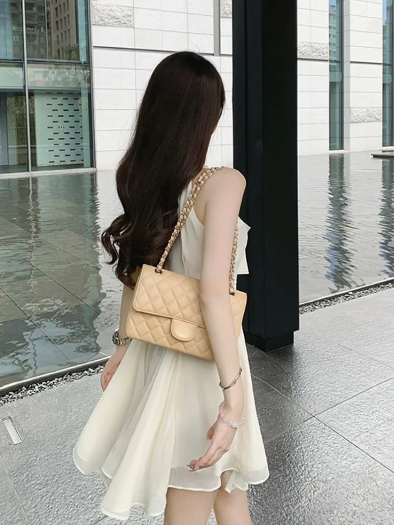 French Celebrity Irregular Chiffon Hanging Neck Dress Women Ruffled Edges Patchwork Ribbon Sleeveless Solid Summer Princess Wear