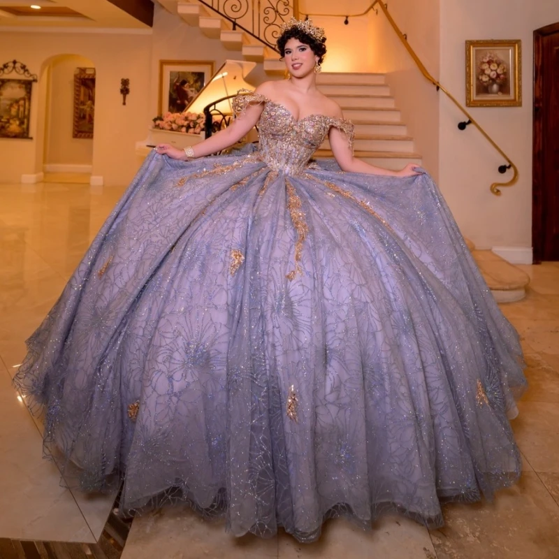 

Navy Blue Shiny Quinceanera Dresses Ball Gown Off The Shoulder Sequin Applique Lace Beading Crystal Bow Tull Party Birthday