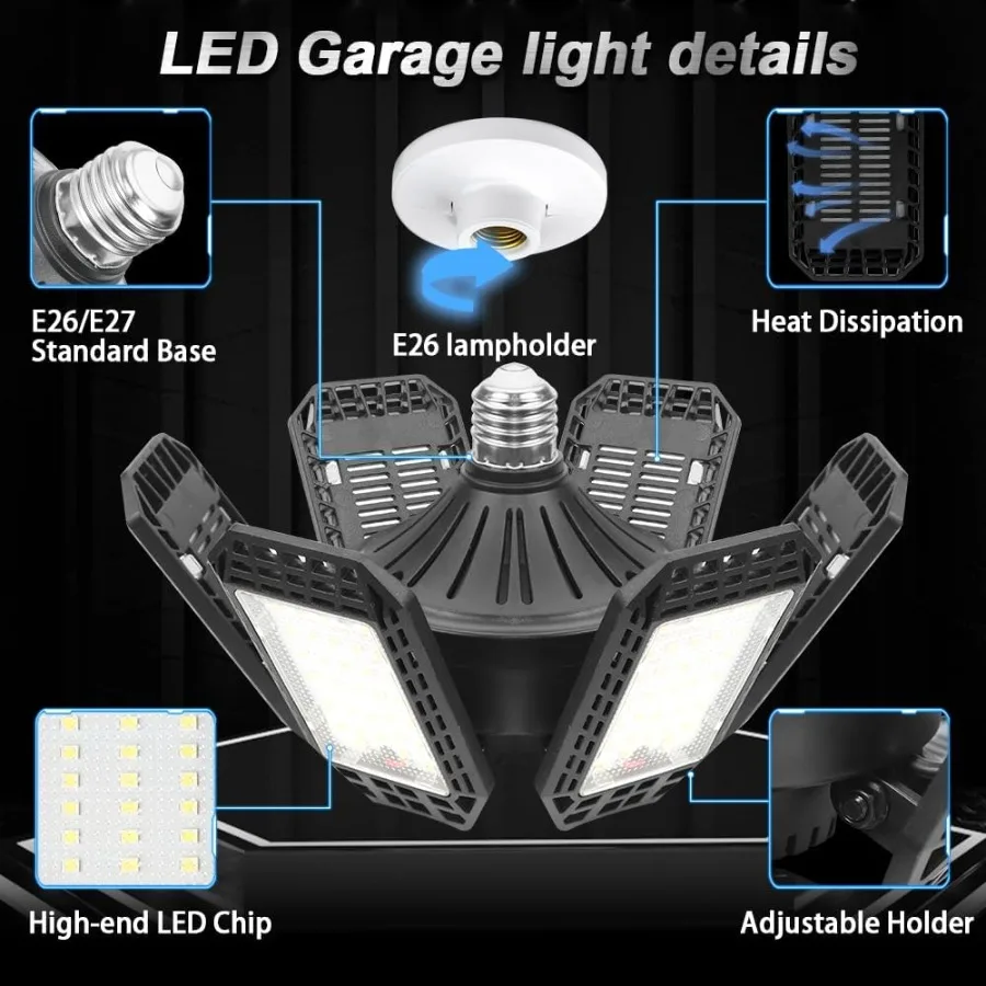 2 Pack Garage Light 200W 20000LM 6500K LED Shop Lights Garage Lights Ceiling Led with 6+1 Deformable Panels Screw in E26 E27 So