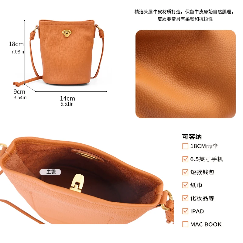 Women's Genuine Leather Mini Crossbody Bag Ladies' Waxed Cowhide Vintage Shoulder Bag Brand Small Chic Cellphone Bucket Bag