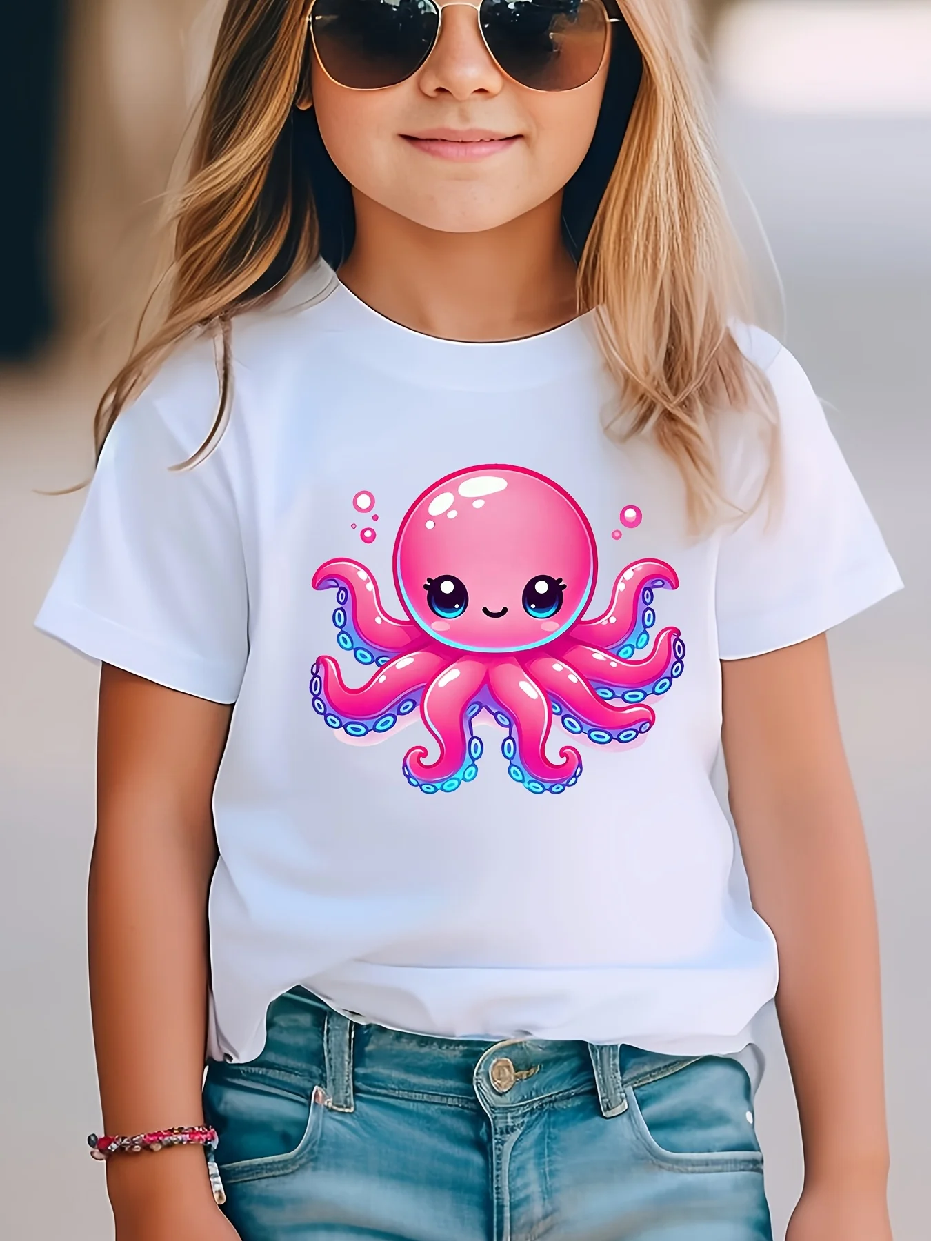 Kids Cute Smiling Pink Cartoon Octopus Sea Animal Graphic Tee Boys Girls Family Matching Short Sleeve Casual Daily T Shirt