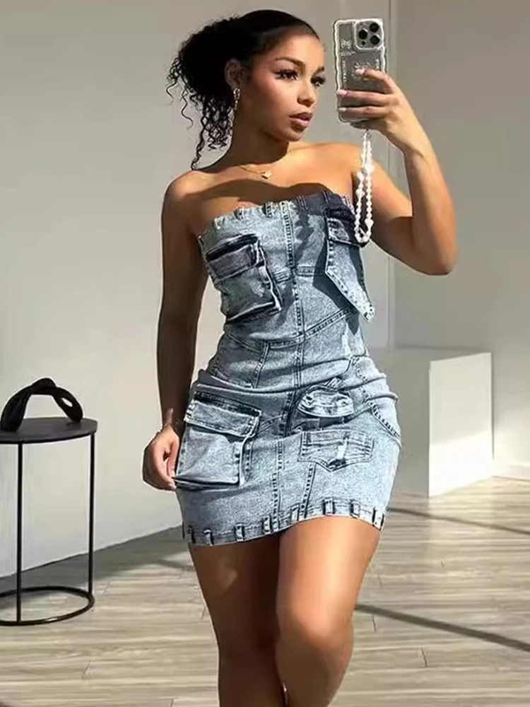 WEIRD PUSS Y2K Vintage Denim Dress Women Hipster Fall Fashion Zip Pocket Skinny Streetwear Classic Strapless Hottie Mini Bodycon