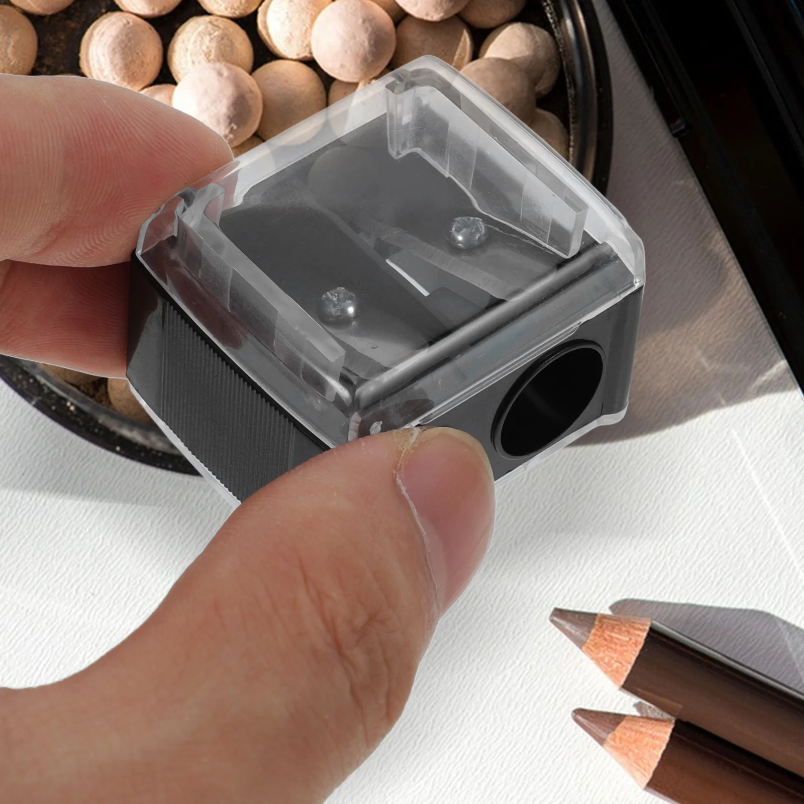 

Double Hole Pencil Sharpener for Women Eyebrow Lip Liner Eyeliner Makeup Square Mini Portable Easy to Use