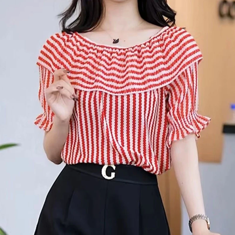 Fashion All-match Off Shoulder Blouse Thin Short Sleeve Print Loose Office Shirt Tops Summer New Elegant Vintage Women Clothing