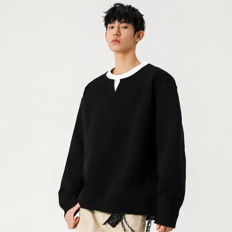 American Style Heavyweight Fake Two-Piece Sweatshirt Men, Spring And Autumn New Trendy Brand, Loose Fit Inner Layer, Base Shirt,