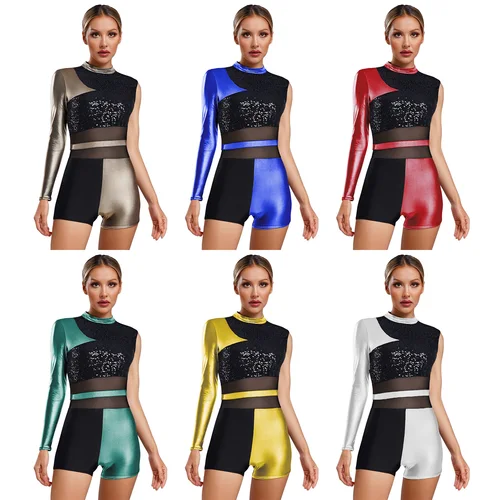 Imagen 2 del producto Body asimétrico de baile latino para mujer, pantalones cortos con espalda descubierta y lentejuelas brillantes, monos metálicos, Ropa de baile de salón de Ballet Chacha
