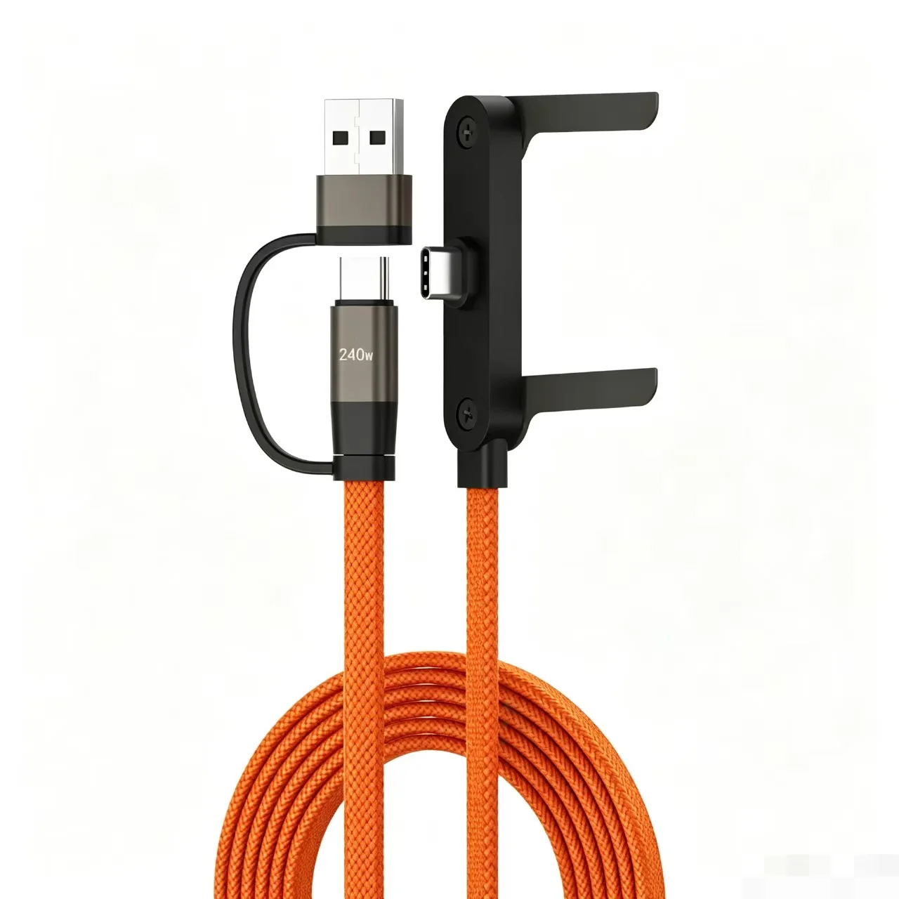 240W USB‑C Fast Charging Cable With Foldable Phone Stand, 2‑in‑1 USB A to Type‑C Braided Charger Cord for Gaming Video Watching