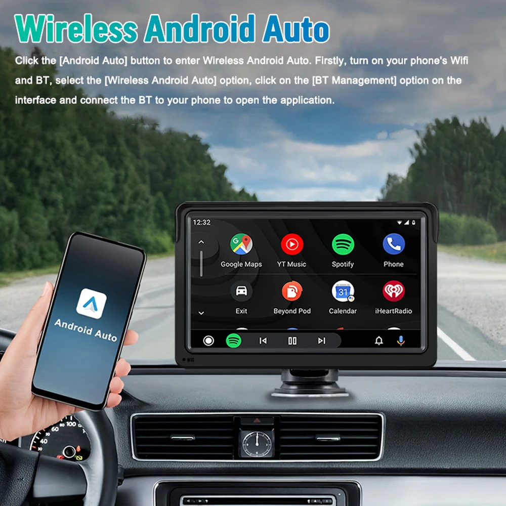 

Ahouyd 7" Car Radio Portable Wireless Apple Carplay Android Auto Stereo Multimedia Touch Screen Bt Navigation Mp5 Fm Usb Aux