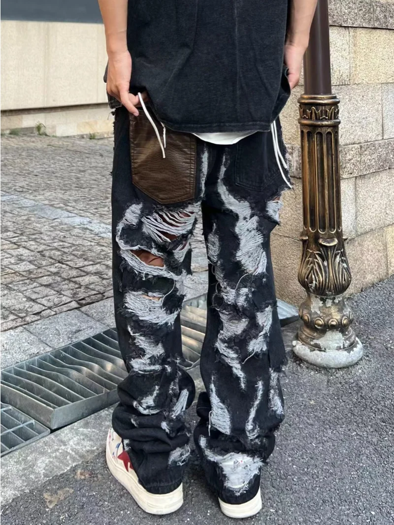 Destroy Ripped Holes Front Letters Embroidery Denim Jean Pants Men Casual Harajuku Jean Trouser Hip Hop Streetwear Pants Joggers