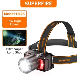 SUPERFIRE-linterna frontal LED superbrillante HL25, linterna frontal con Zoom portátil, recargable por USB C, luz frontal para pesca