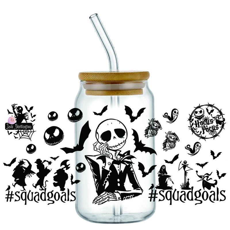 Halloween Skeleton Pumpkin King UV DTF Cup Wrap Stickers Waterproof No Heat Transfer for 16oz Libbey Glass Can Tumbler Decal
