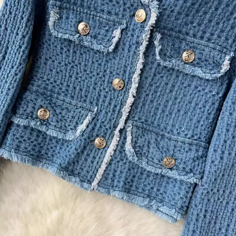 Denim Suit Women Raw Edge Long Sleeve Short Jeans Jacket + Split Midi Skirts Autumn Small Fragrance Style Two-piece Set